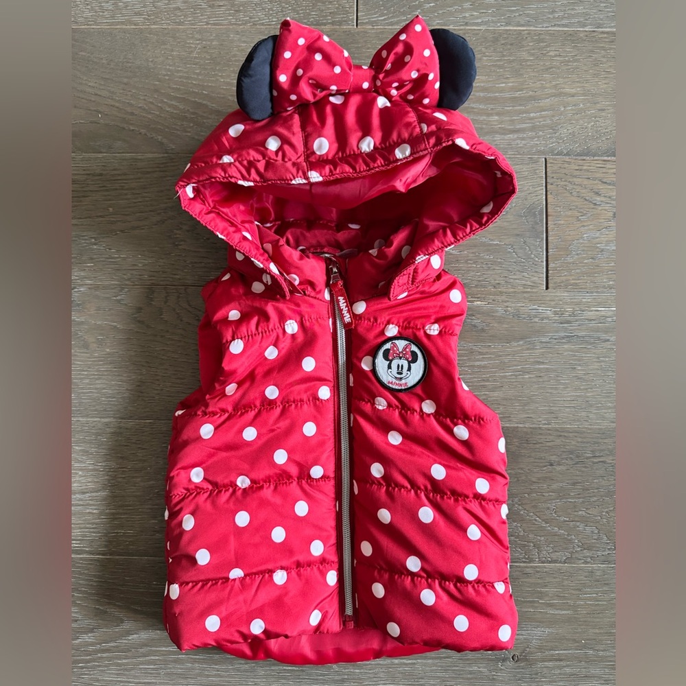 H&M Disney Minnie Mouse Red Polka Dot Puffer Vest w/ Hood Ears & Bow, 12-18M 🎀